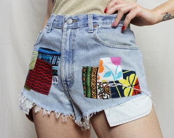 Levi's 560 shorts patched, Light blue upcycled high rise denim shorts * size W31