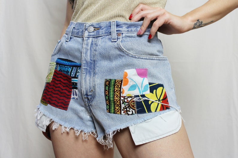 Levi's 560 shorts patched, Light blue upcycled high rise denim shorts size W31 image 1