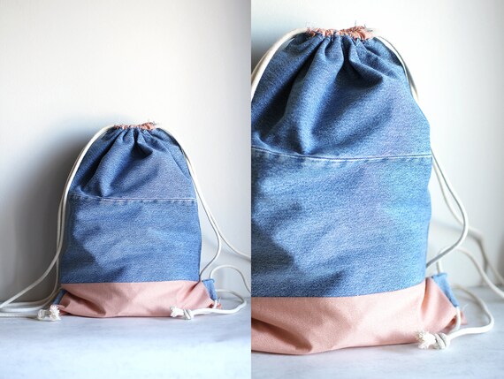 Denim drawstring backpack made out of 