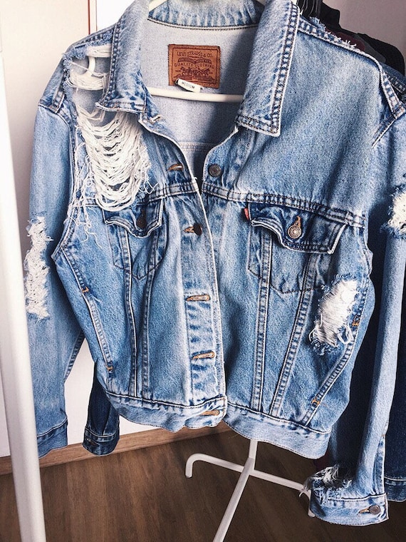 Distressed Denim Jacket Levi's Wrangler Ripped Oversized - Etsy