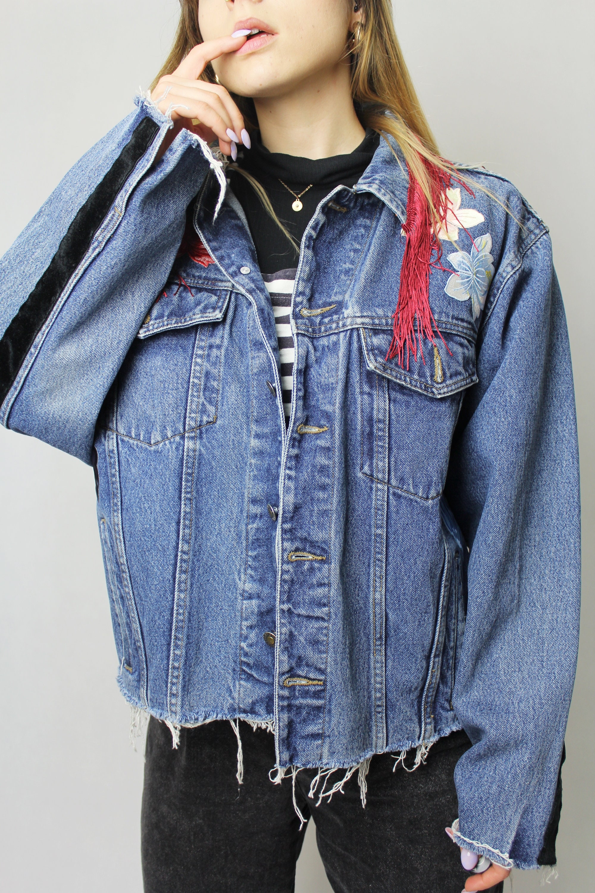 Frayed Denim Jacket With Flower Patches and Fringed Collar - Etsy