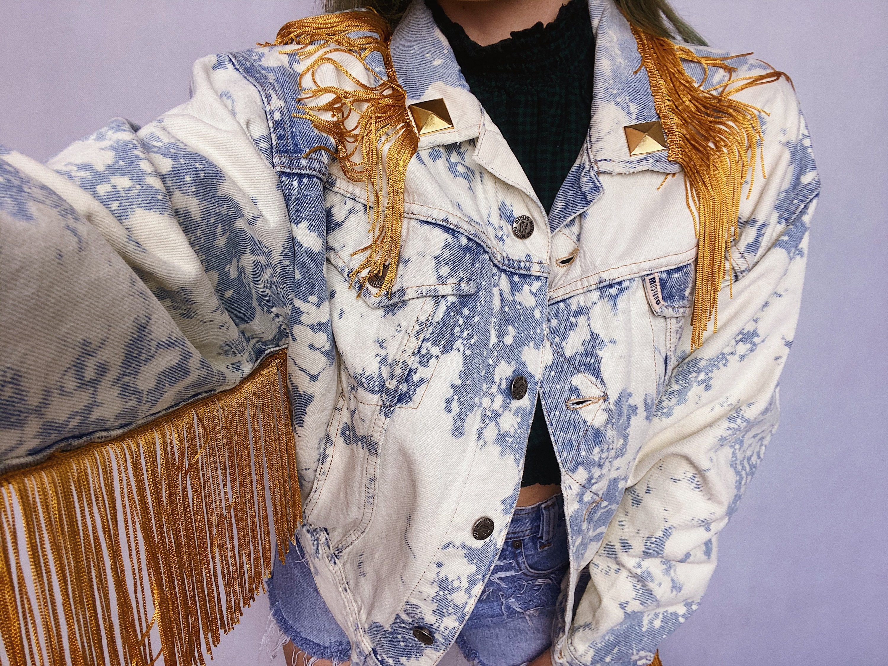 FRINGE Denim Jacket Embellished Bleached Upcycled Jean Jacket Etsy