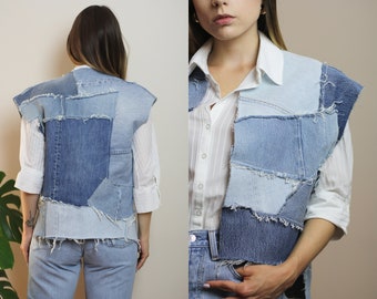 Asymmetrical blue jean vest patchwork, Reworked vest made of denim scraps