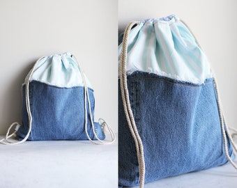 Denim drawstring backpack made out of mid blue Levi's jeans, Rucksack with drawstring