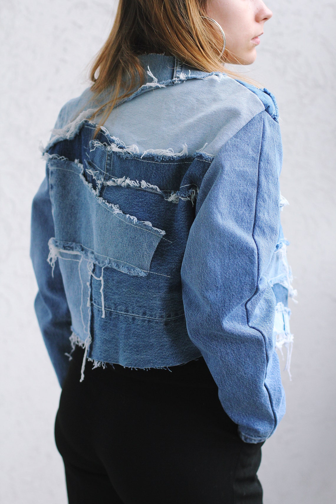 Reworked Patchwork Denim Jacket Handmade Blue Jean Jacket Etsy