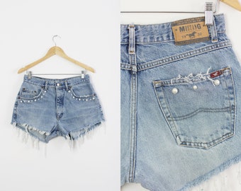MUSTANG shorts with pearls, High rise blue denim cut offs * Size 32