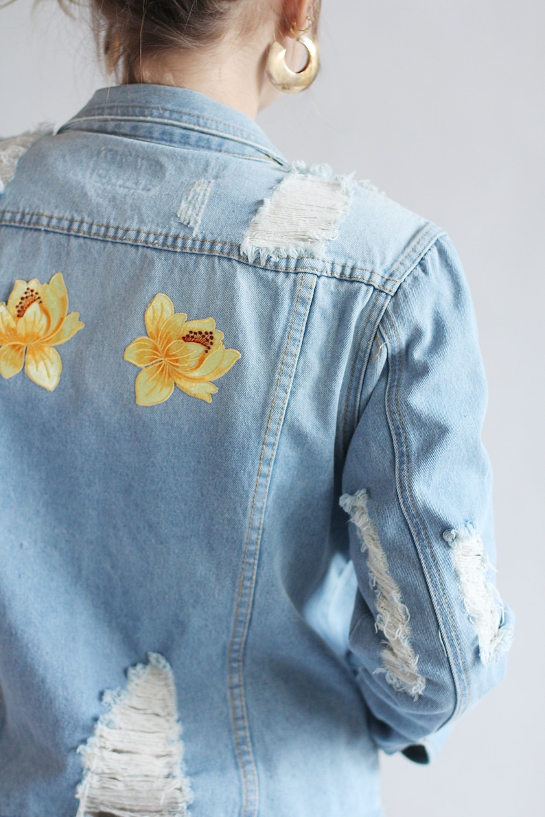 Blue denim jacket with flower patches and rips Blue and | Etsy