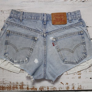 Levi's 560 shorts patched, Light blue upcycled high rise denim shorts size W31 image 8