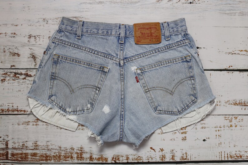 Levi's 560 shorts patched, Light blue upcycled high rise denim shorts size W31 image 8