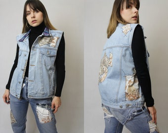 Reworked patched blue denim vest, Vintage embellished jean vest