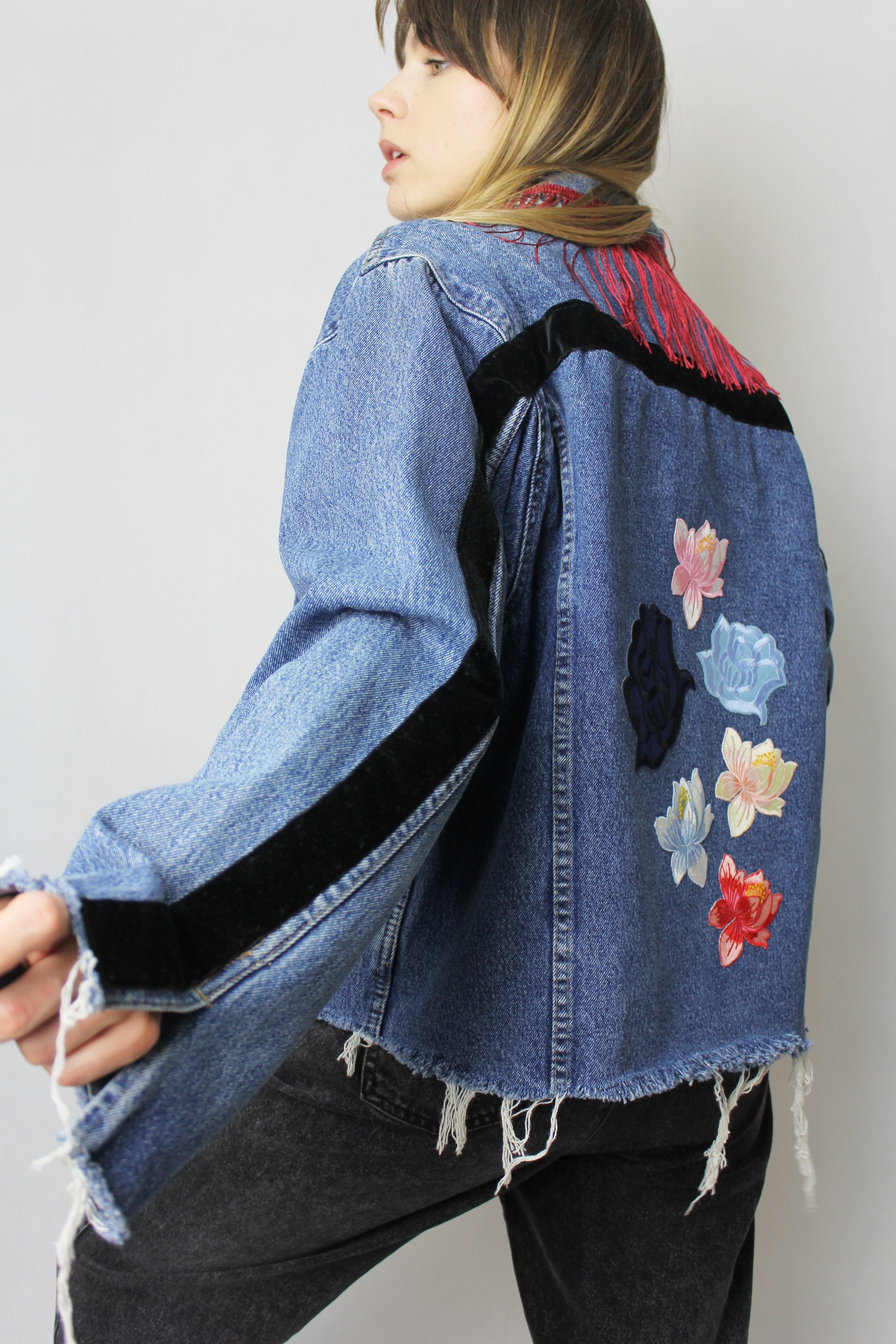 Frayed Denim Jacket With Flower Patches and Fringed Collar - Etsy