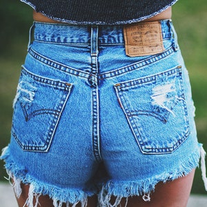 Vintage LEVI'S denim shorts with high rise Handmade blue jeans cut offs with rips ALL SIZES image 1