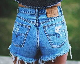 Vintage LEVI'S denim shorts with high rise * Handmade blue jeans cut offs with rips * ALL SIZES