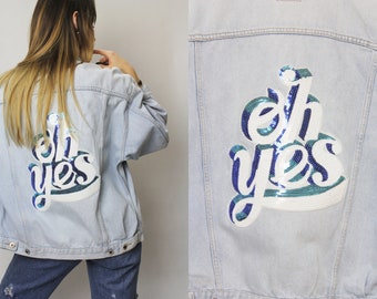 Sequin denim jacket with patch on the back