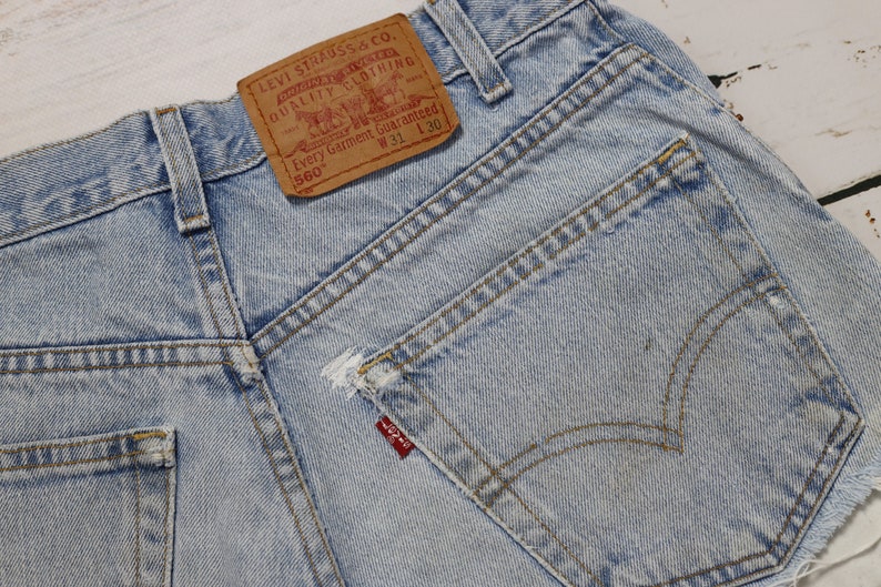 Levi's 560 shorts patched, Light blue upcycled high rise denim shorts size W31 image 7