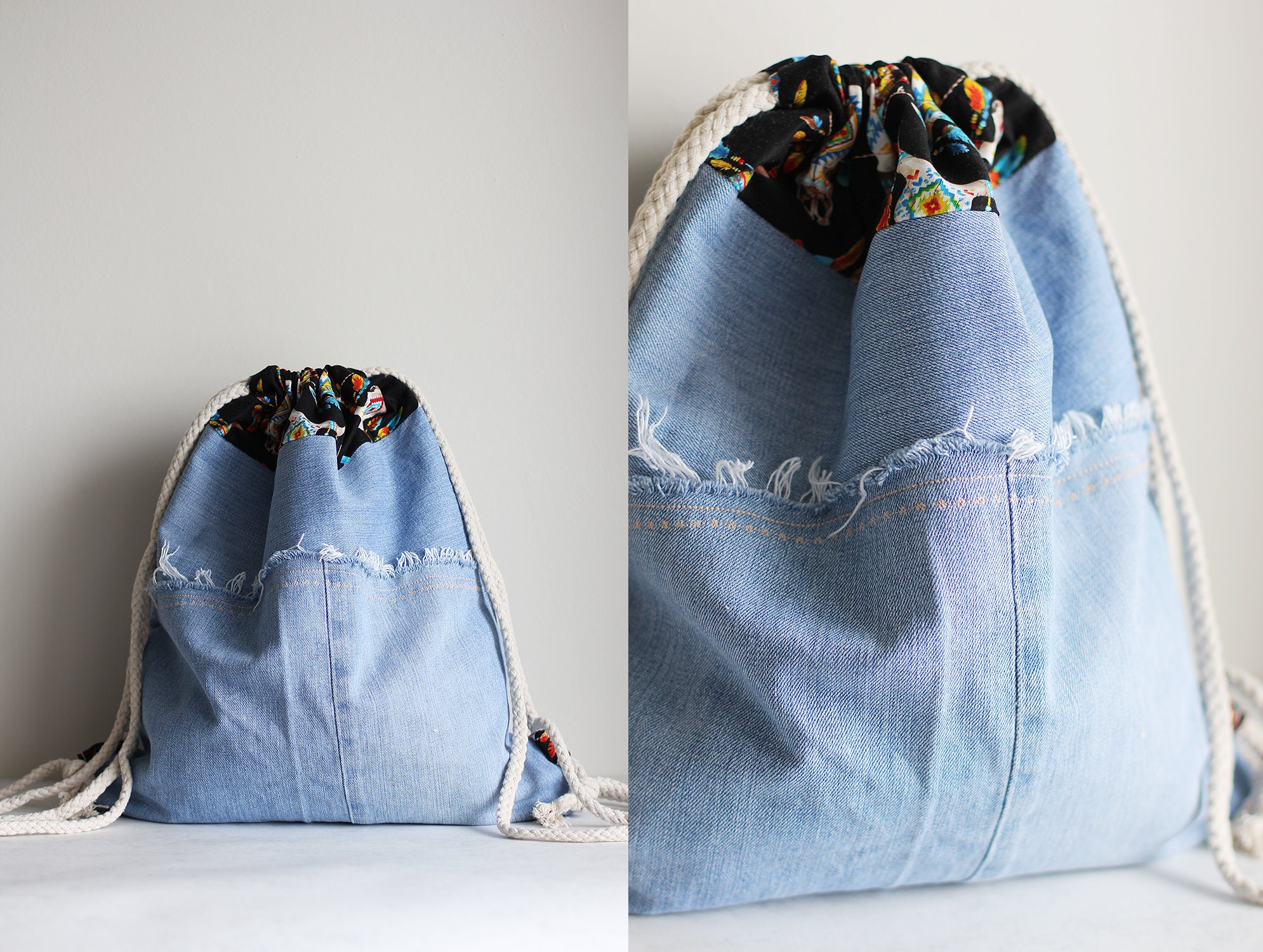 denim drawstring backpack