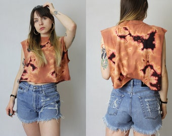 Bleached crop top in burgundy and peach color * Handmade top for summer music festival * LARGE