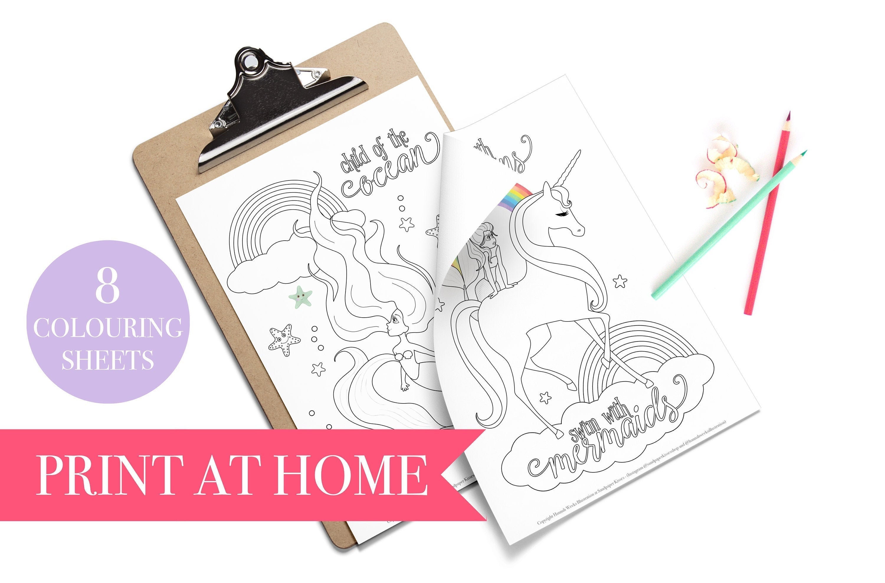 Unicorn & Mermaid Colouring Sheets, Rainbow Coloring Pages, Colour In Worksheets, Children's Colouring, Teaching Resource, Colour Printables