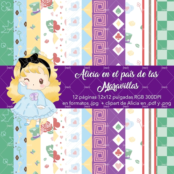 Alice in Wonderland Digital Paper Kit, inclusief Alicia Clip Art en Digistamp