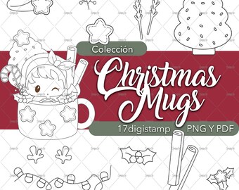 Digi Stamp Kit, digitale Briefmarke, Sammelalbum, Weihnachten, Tassen, Becher, Kawaii, frohe Weihnachten