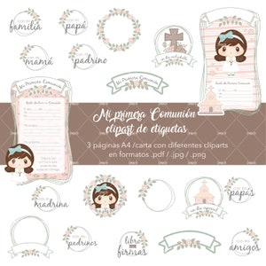 clipart digital  Mi primera comunión niña, etiquetas albums tarjetas libros de firmas 3 páginas Tamaño carta png, pdf jpg