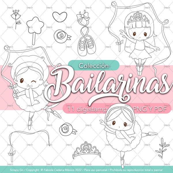 Sellos digitales  tamaño carta/ colección Bailarinas /digistamp /coloring page /ballet / kawaii