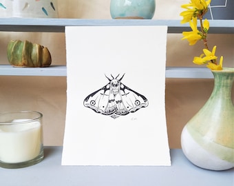 Black and White Moth Original Linocut