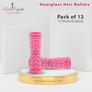 May include: Pink hourglass hair rollers, 0.66 inches in diameter, are displayed on a gold and white platform. The image includes the text "Pack of 12" and "17mm/0.66in". The Bella Capelli Furnishings logo is in the upper left corner.