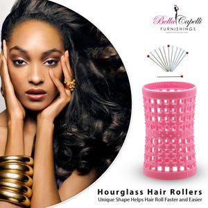 May include: Pink hourglass-shaped hair rollers with a grid pattern. The rollers are designed to help hair roll faster and easier. The image also shows a set of hair pins.