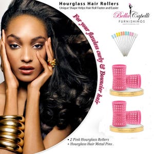 May include: Two pink hourglass hair rollers with a grid pattern. The rollers are on a gold base. The image also shows a woman with long black hair and a set of metal hair pins.