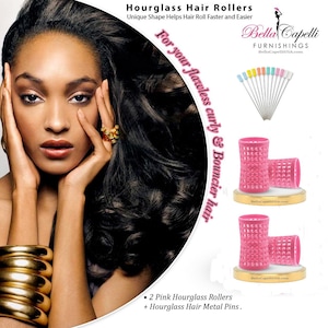 May include: Two pink hourglass hair rollers with a grid pattern. The rollers are on a gold base with the text "BellaCapelliUSA.com". The image also shows a set of metal hair pins.