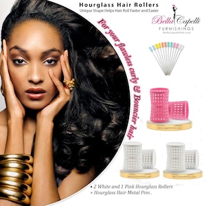 May include: Pink and white hourglass hair rollers with metal pins. The rollers are designed to help create curls and volume in hair. The text on the image reads: "Hourglass Hair Rollers Unique Shape Helps Hair Roll Faster and Easier Bella Capelli FURNISHINGS BellaCapelliUSA.com For your flawless curly & Bouncier hair • 2 White and 1 Pink Hourglass Rollers + Hourglass Hair Metal Pins."