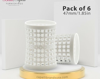 May include: A set of six white hourglass hair rollers, each measuring 1.85 inches in diameter. The rollers are made of a textured plastic with a grid pattern. The rollers are displayed on a gold stand. Pack of 6, 47mm/1.85in.