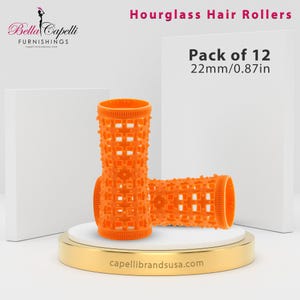 May include: A pack of 12 orange hourglass hair rollers, 22mm/0.87in in size. The rollers are made of a plastic material with a grid pattern. The rollers are on a gold surface with the text "capellibrandsusa.com".