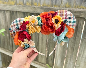 Jewel Tones Plaid Floral Mouse Ears