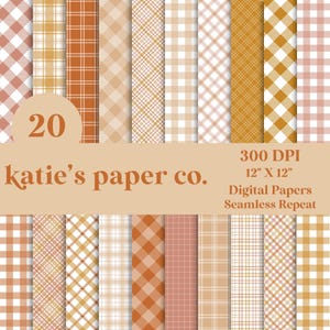 Set of 20 Autumn Fall Plaid Digital Scrapbook Papers-Pumpkin Orange- Gingham-Fall Colors- Digital Paper Pack -Thanksgiving Invitation