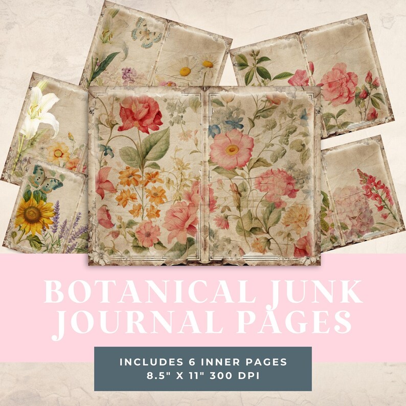 Printable Botanical Floral Junk Journal Pages | Set of 6 Vintage ...