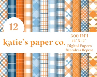 Set of 12 Fall Digital Seamless Repeat Scrapbook Papers-Pumpkins Flannel Plaid-Gingham-Orange Blue Fall Colors- Digital Paper Pack