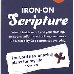 May include: A pack of 10 iron-on scripture patches. The patches are white with black text and a red cross. The text on the patch shown reads "The Lord has amazing plans for my life 1 Cor. 2:9".