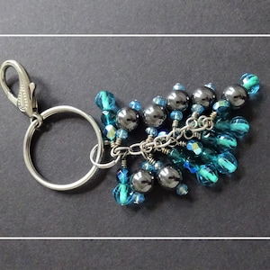 Key Chain - Teal Blue Beads - Hematite - Keychain for Woman - Lady's Keychain - Gift for Her - Beaded Key Chain - Key Ring - Handbag Charm