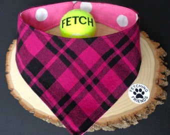 Dog Bandana - Hot Pink Plaid Flannel - Reversible Dog Bandana - Snaps