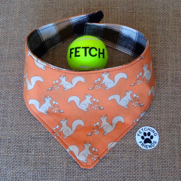 Dog Bandana - Squirrels -  Plaid - Orange Brown - Dog Bandana Snap On - Reversible