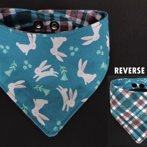 Dog Bandana Easter Bunny - Bunnies on Teal Blue - Boy Dog Bandana - Spring Dog Bandana - Snaps - Flannel - Reversible Dog Scarf - Puppy