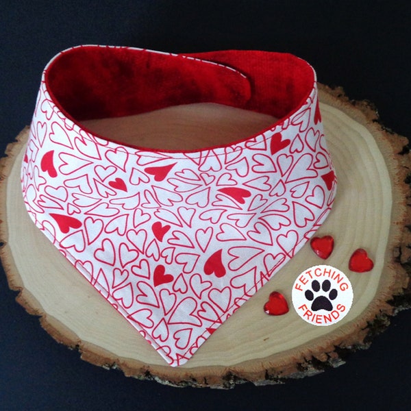 Dog Bandana Valentine - Red Heart Pattern - Love My Dog Bandana - Reversible Snap On Dog Bandana