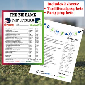 Puede incluir: Se muestran dos hojas de papel con apuestas de fútbol para "The Big Game 2026". Una hoja tiene apuestas para Patriots vs. Seahawks. La otra hoja tiene "Game On" en la parte superior. Las hojas incluyen opciones para apuestas de utilería tradicionales y de fiesta.