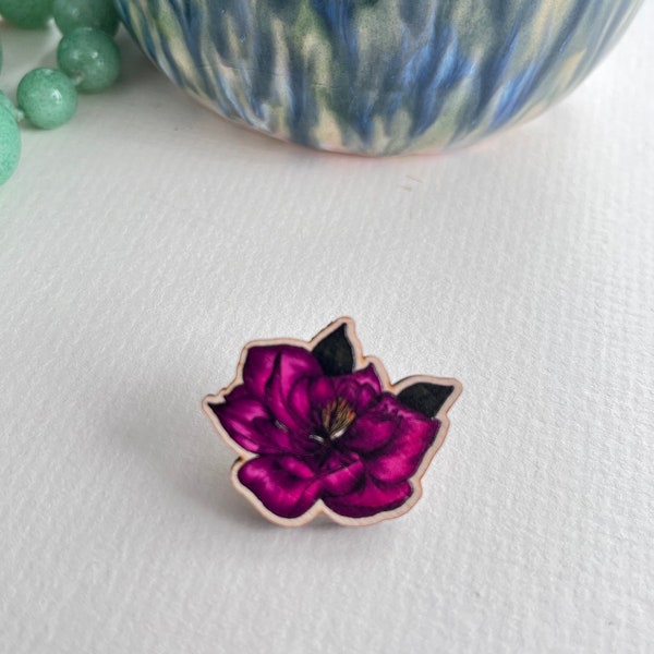 Magnolia pin badge, bright pink brooch, pin badge, wooden jewellery, wood lapel pin, collectible badge, spring flower gift, artist made pins