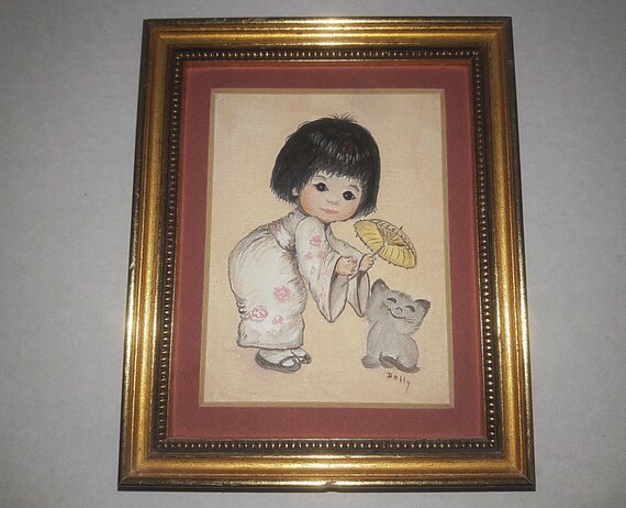 Asian Girl Playing With A Kitten Small Canvas Paintings Wall Etsy