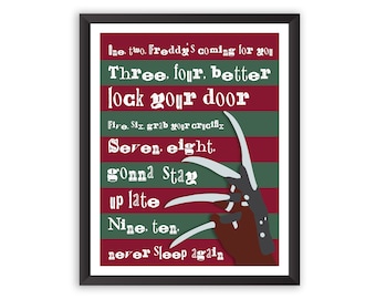Nightmare on Elm Street Freddy Krueger Song Poster, One Two Freddy's coming for you, Halloween Art Print, Creepy