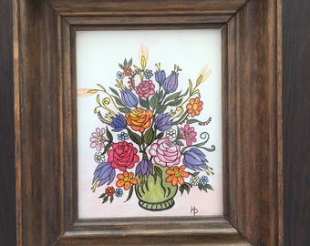 Picture in wooden frame, Picture with flowers, Wall hanging,  Room decoration, Beaded picture, Vintage watercolor