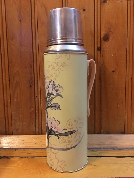 Vintage Small Thermos sun Flower Made in China, Metal Tin Travel